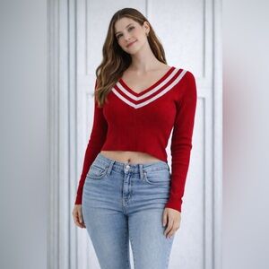 Dynamite Red and White V-Neck Sweater